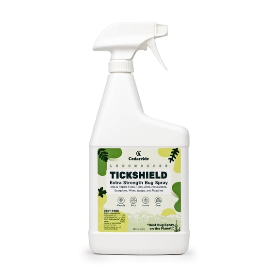 Cedarcide Tickshield Extra Strength with Lemongrass (Quart) Cedar Oil Biting Insect Spray Kills and Repels Fleas, Ticks, Ants, Mites and Mosquitoes Deep Woods Repellent