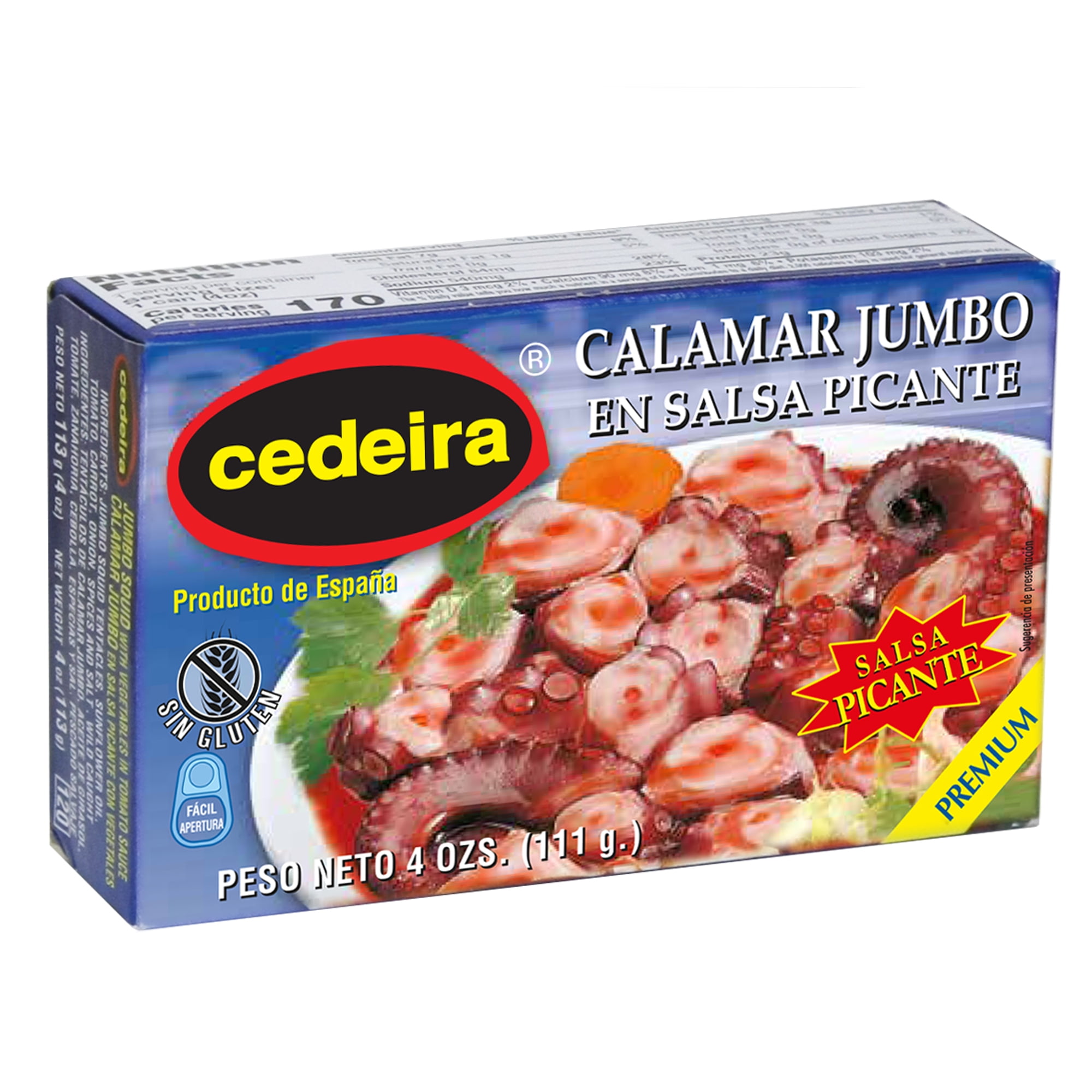 Cedeira Jumbo Squid in With Vegetables in Tomato Spicy Sauce, 4 oz. Easy Open Metal Can