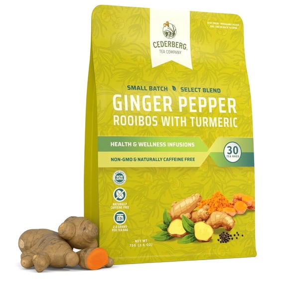 Cederberg Tea Company Ginger Pepper Rooibos Tea Bags with Turmeric, 30 Count - Organic South African Herbal Tea, Naturally Caffeine-Free, Non-GMO, Antioxidant-Rich, Premium Small Batch Blend