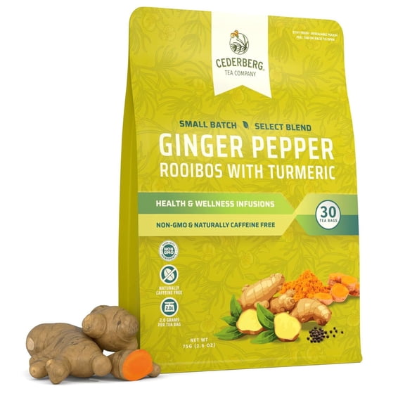Cederberg Tea Company Ginger Pepper Rooibos with Turmeric Tea Bags, 30 Count, Organic South African Herbal Blend, Caffeine-Free