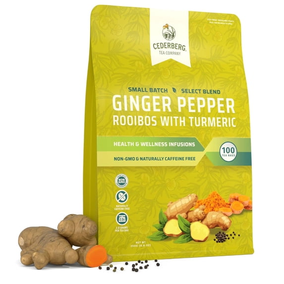 Cederberg Tea Company Ginger Pepper Rooibos with Turmeric Tea Bags, 100 Count - Organic South African Herbal Tea, Naturally Caffeine-Free, Non-GMO, Antioxidant-Rich Premium Blend