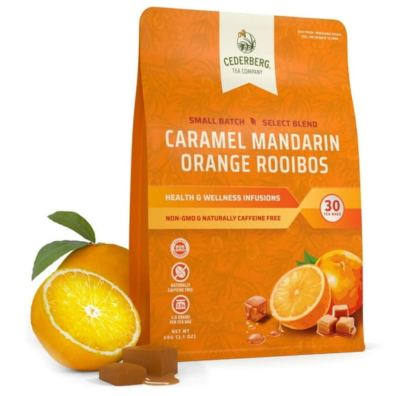 Cederberg Tea Company Caramel Mandarin Orange Rooibos Tea Bags Organic Herbal Tea, Caffeine Free, Non-GMO, Premium Leaf, Rich in Antioxidant, 30 Count