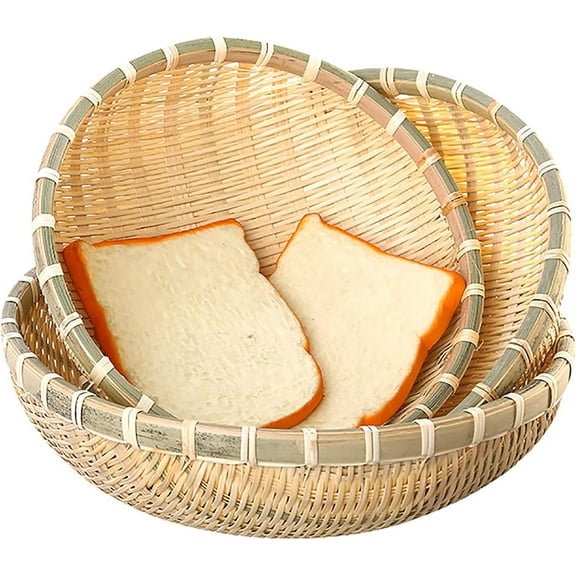 3 Pack Bamboo Basket Tray, Wicker Bread Basket, 100% Natural Handmade Woven Fruit Basket, U Shape Holder Flat Shallow Vegetables Serving Basket, Stackable, 10Inch, 11Inch, 12Inch