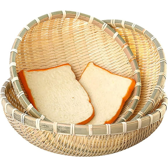 3 Pack Bamboo Basket Tray, Wicker Bread Basket, 100% Natural Handmade Woven Fruit Basket, U Shape Holder Flat Shallow Vegetables Serving Basket, Stackable, 10Inch, 11Inch, 12Inch