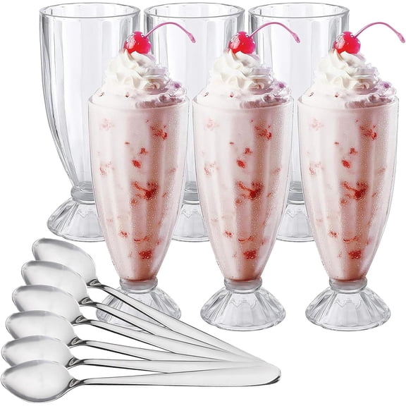 Cedilis Set of 6 Milkshake Glass, 12oz Old Fashion Sundae Cups, Retro Ice Cream Float Glasses, Heavy Base Soda Fountain Glassware with Long Stainless Steel Spoons