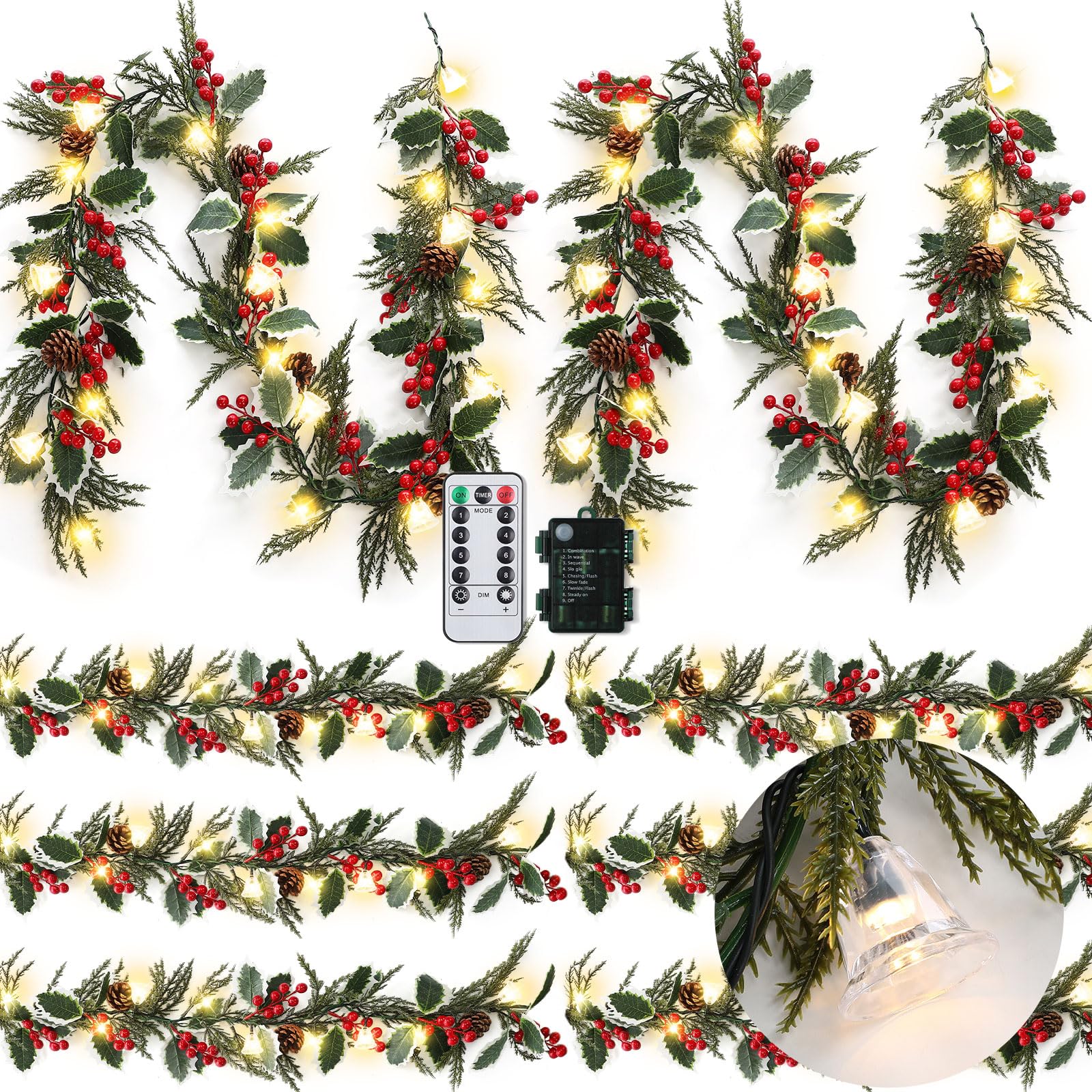 Ceenna 8 Pack 6 Ft Prelit Christmas Garland with Globe Lights Battery ...