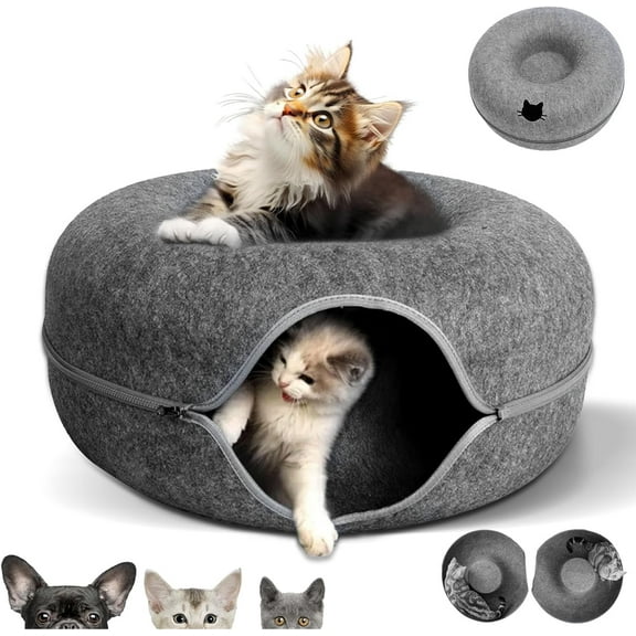 Ceenwes Indoor cat tunnel, cat bed, felt, donut, cat tunnel, suitable for all seasons, semi-enclosed and washable cat bed, suitable for puppies, cats and rabbits, dark gray, 20 inches