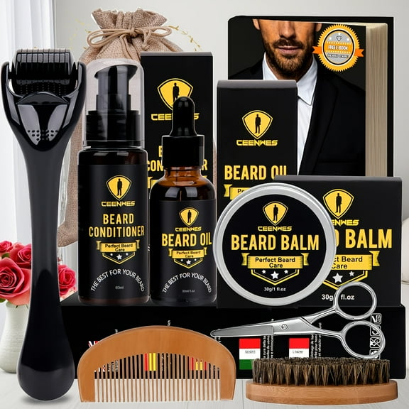 Ceenwes Upgraded Beard Grooming Kit - Conditioner, Oil, Brush, Comb, Balm, Scissors, Storage Bag for Beard and Mustache Trimming, Perfect Men's Gift