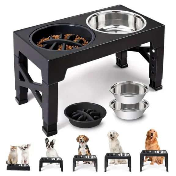 Ceenwes The height-adjustable pet high stand dog bowl with 5 adjustable heights comes with 2 stainless steel dog water bowls and 1 slow feeding dog bowl, suitable for small, medium and large dogs