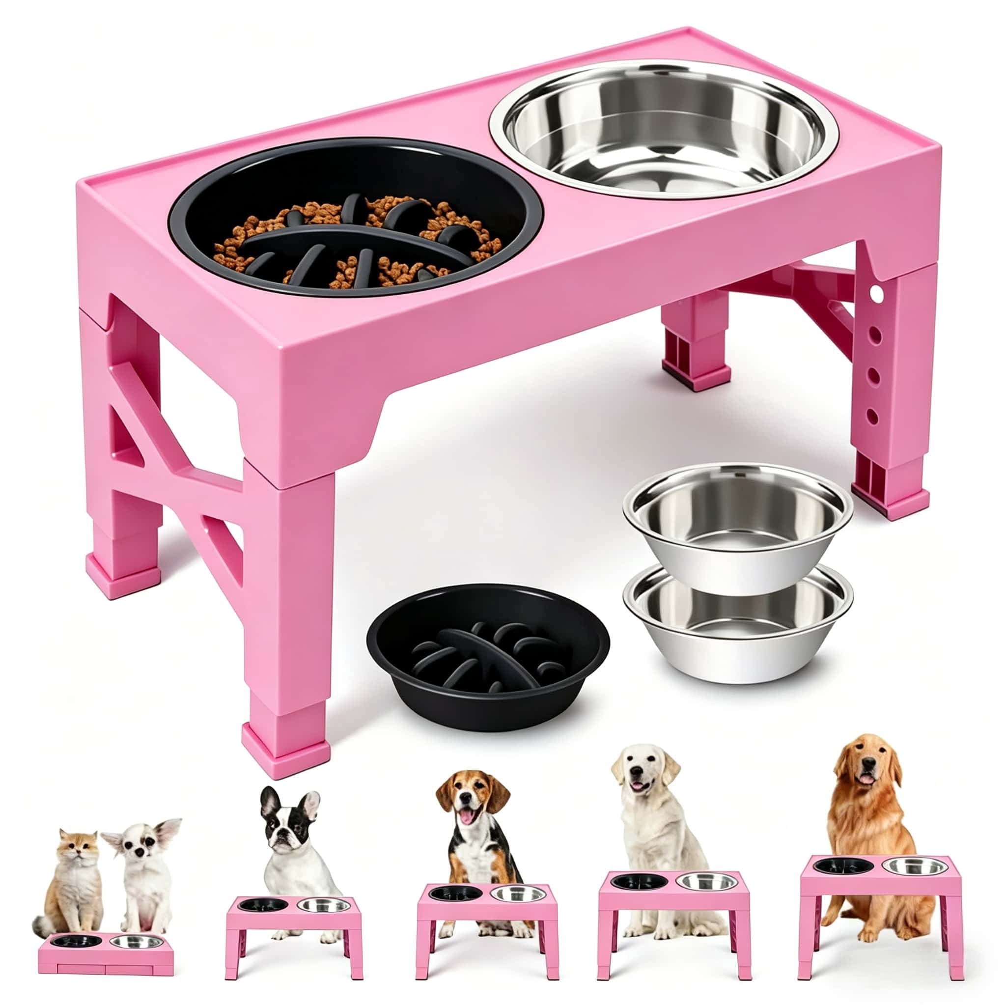 Ceenwes The height-adjustable pet high stand dog bowl with 5 adjustable heights comes with 2 stainless steel dog water bowls and 1 slow feeding dog bowl, suitable for small, medium and large dogs