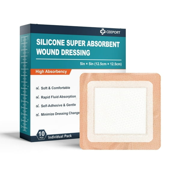 Ceeport 10 Pack Silicone Super Absorbent Wound Dressing with Border, 5" x 5" Self-Adhesive Bandages for Wound Care, Soft Highly Absorbent Wound Pads