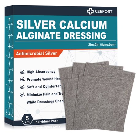 Ceeport 2 "x 2" Ag Silver Calcium Alginate Wound Dressing Pads, 5 Individual Pack Highly Absorbent Painless Removal Dressing, Soft Silver Dressings for Wound Care, Non-Stick Gauze Pads for Wounds