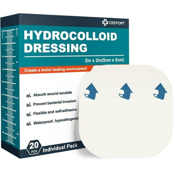 Ceeport 20 Pack Hydrocolloid Wound Dressing, 2" x 2" Ultra Thin Hydrocolloid Bandages with Self-Adhesive, Waterproof Hydrocolloid Patch for Bed Sore, Mild Burn, Blister, Acne Care