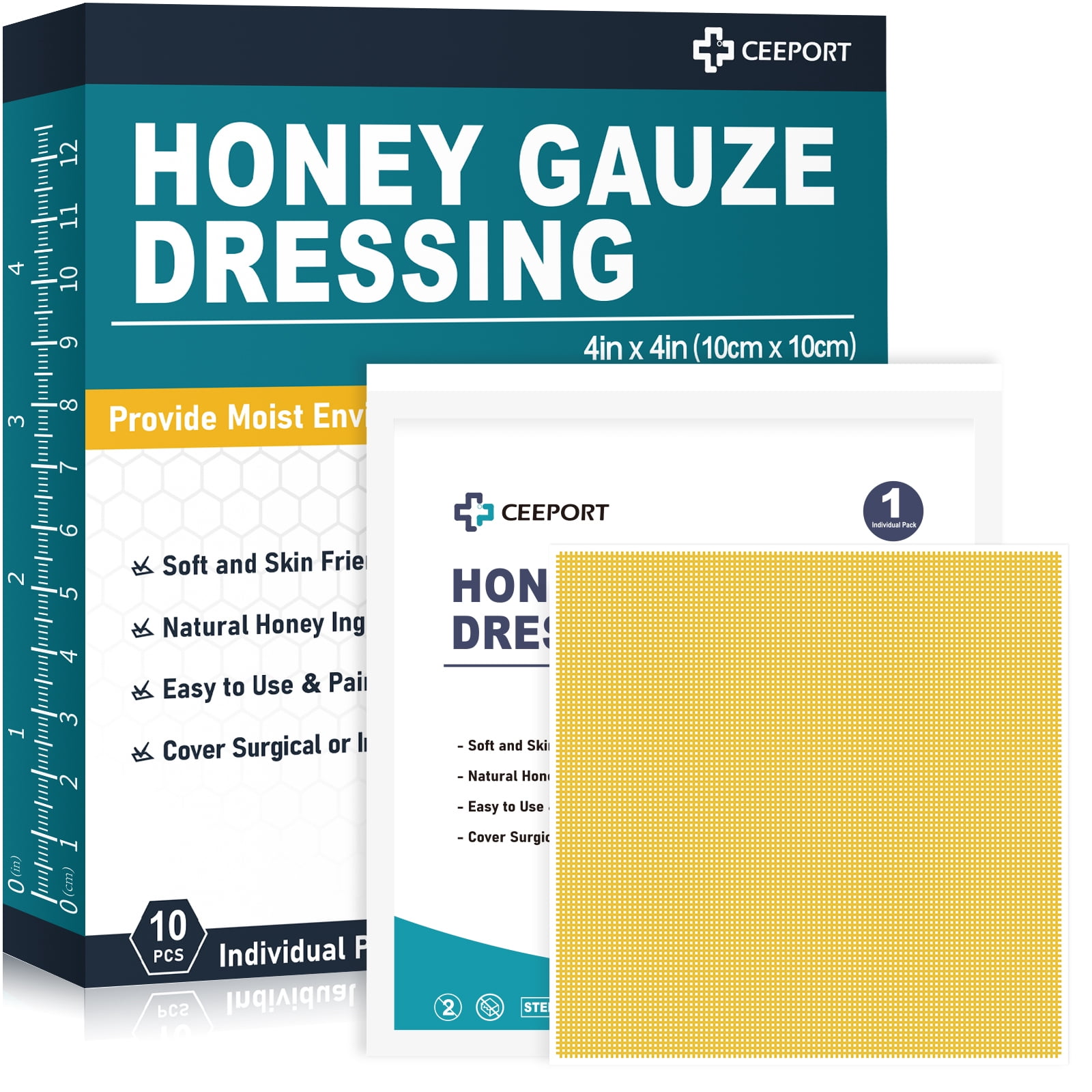 Ceeport Honey Gauze Wound Dressing, 4" x 4" Manuka Honey Wound Care