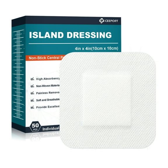 Ceeport Island Dressing Bordered Gauze 4" x 4", 50 Count Non-Stick Pad in Center with Adhesive Border,Soft & Highly Absorbent Medical Grade Dressing Gauze Pad for Wound Care and First Aid