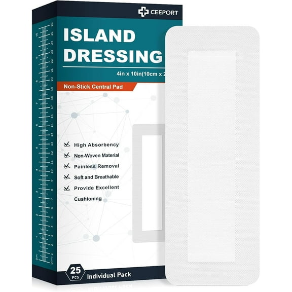Ceeport Island Dressing Bordered Gauze 4"x10", 25 Individually Packed Non-Stick Pad with Adhesive Border,Soft & Highly Absorbent Medical Grade Dressing Gauze Pad for Wound Care and First Aid