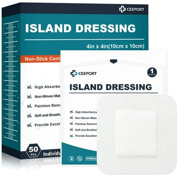 Ceeport Island Dressing Bordered Gauze 4" x 4", 50 Count Non-Stick Pad in Center with Adhesive Border,Soft & Highly Absorbent Medical Grade Dressing Gauze Pad for Wound Care and First Aid