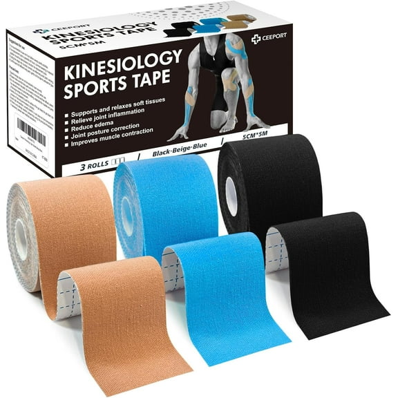 Ceeport Kinesiology Tape (5cm x 5m, 3 Roll) Elastic Muscle Sports Tape for Joint and Body Muscle Support, Shoulder, Ankle, Elbow, Wrist, Shin Splints and Knee Muscle Pain Relief (Black Beige Blue)