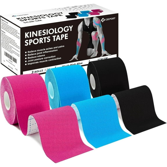 Ceeport Kinesiology Tape (5cm x 5m, 3 Roll) Elastic Muscle Sports Tape for Joint and Body Muscle Support, Shoulder, Ankle, Elbow, Wrist, Shin Splints and Knee Muscle Pain Relief (Black Pink Blue)