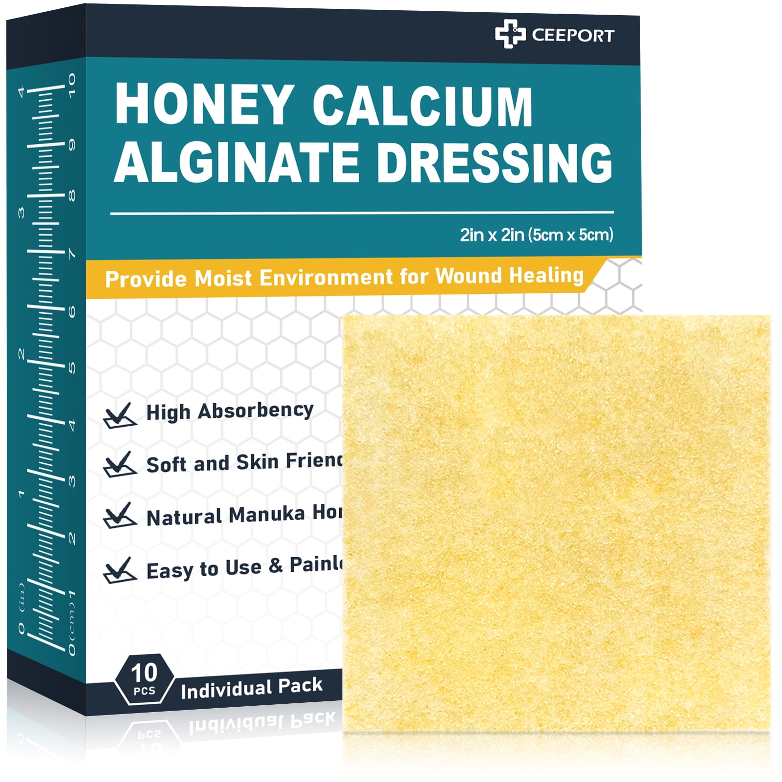 Ceeport Manuka Honey Calcium Alginate Wound Dressing, 2"x 2" High