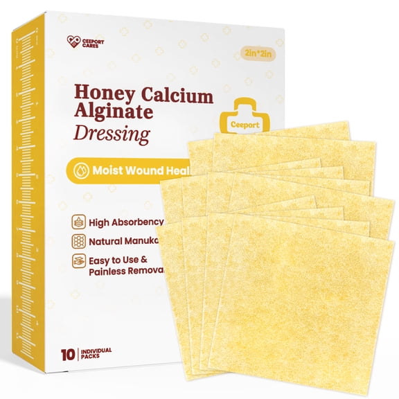 Ceeport Manuka Honey Calcium Alginate Wound Dressing, 2"x 2" High Absorbency Medical Grade Manuka Honey Wound Care Bandages Patches for Wounds(Pack of 10)