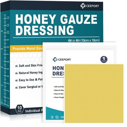 Ceeport Manuka Honey Gauze Wound Dressing 4" x 4", Medical Grade Honey Bandages for Wound Care, Honey Patch for Faster Healing from Burns, Abrasions, Cuts and Scalds (Pack of 10)