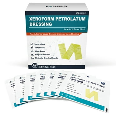 Ceeport Medical Xeroform Petrolatum Dressing 1"x8", 50 Individual Pack, Non-Adherent Gauze Pad Strip, Fine Mesh Gauze Patch Supplies for Wound Care, Burns, Lacerations, & Skin Grafts