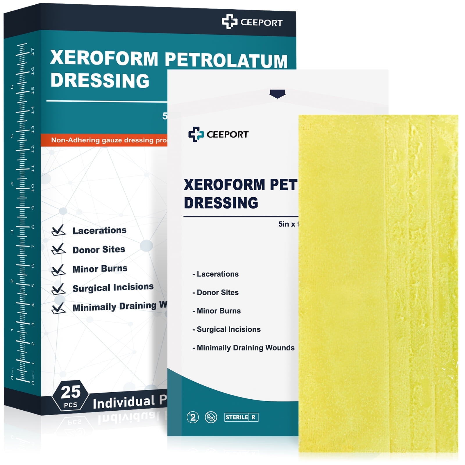 Ceeport Medical Xeroform Petrolatum Dressing 5x9 - Non-Adherent Gauze Pad Strip, Fine Mesh Gauze Patch Supplies for Wound Care, Burns, Lacerations, & Skin Grafts (Pack of 25)