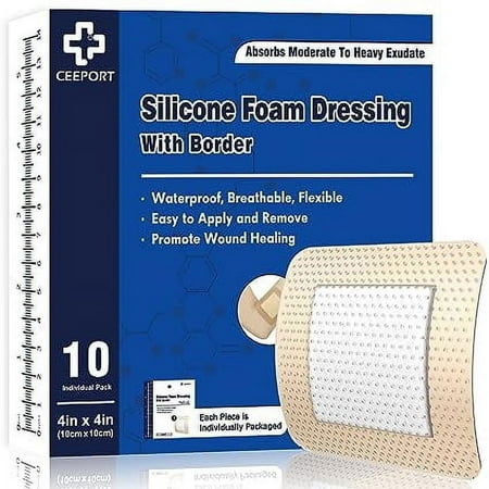 Ceeport Silicone Foam Dressing with Adhesive Gentle Border 4" x 4" 10 Pack, Waterproof Wound Dressing, High Absorbency Bed Sore Wound Bandages, Square Breathable Foam Dressing for Wound Care