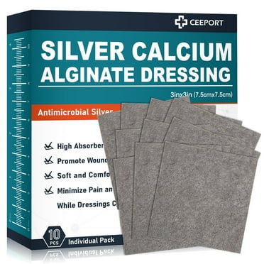 Ceeport Silver Calcium Alginate Wound Dressing Pads 3'' x 3'' (Pack of 10), Soft Highly Absorbent Silver Wound Dressing, Non-Adhesive Dressing for Wound Care, Painless Removal Gauze Pads for Wounds