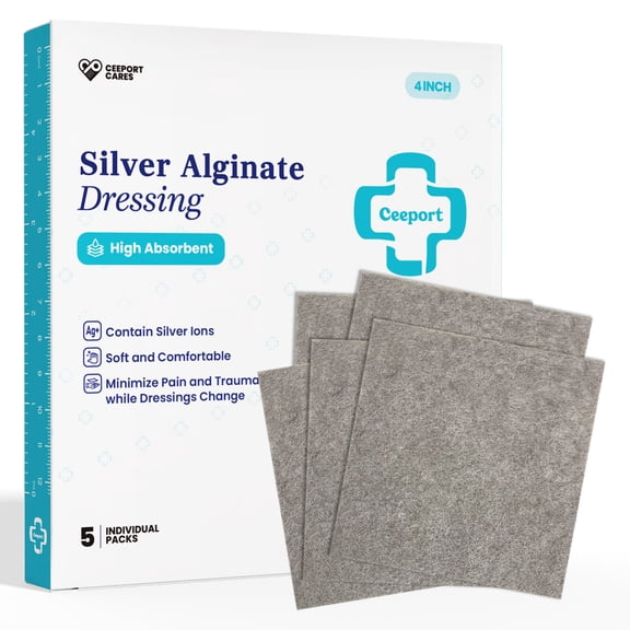 Ceeport Upgrade Silver Calcium Alginate Wound Dressing Pads, 4''x4'' Patches, 5 Individual Pack, Soft Silver Dressings for Wound Care, Gentle Highly Absorbent Dressing