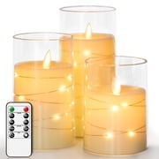 Ceestyle Flickering Flameless Candle,Built-in Star String,Unbreakable Glass LED Candles,Timer Function Battery Operated Pillar Candles for Gift Home Party Wedding Christmas Decor-D3 xH4 5" 6",Set of