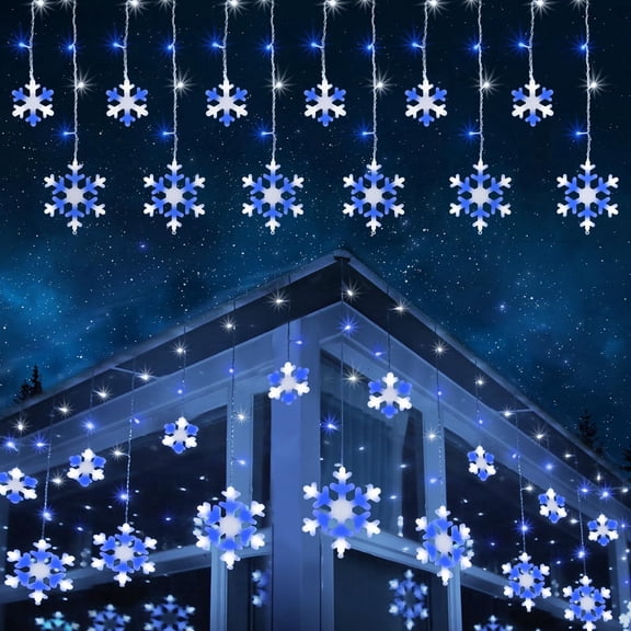 Ceevoo Christmas Snowflake Lights Outdoor, 17.22ft 264 LED Snowflake Icicle Lights with 22 Drops, Connectable, 8 Modes Waterproof Christmas Light for Eaves Window Xmas Decor (White & Blue)