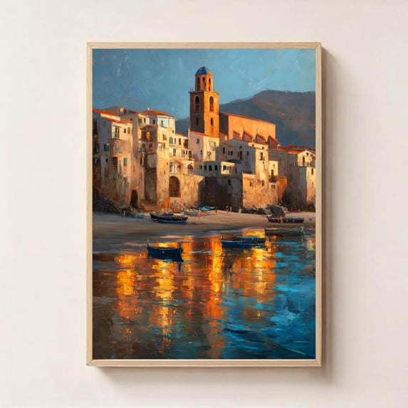 Cefalu Sicily Coastal Wall Art Italian Seaside Poster, Unframed Canvas 12x16in