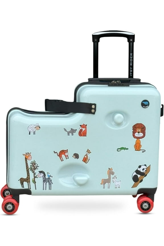 2025 Itsy Rider 20" Ride-on Suitcase for Kids with Double Spinner Red Wheels (Green Safari)