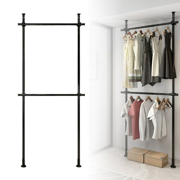 2 Tier Bedroom Garment Rack Clothes Hanger Stainless Steel Clothing Storage Racks Closet Organizer Black (Weight up to 170lbs)