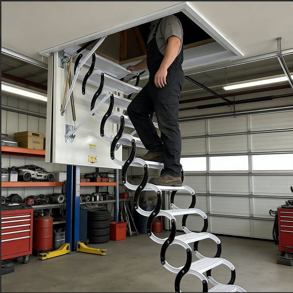 Knpot Ceiling Attic Loft Ladder, Retractable Folding Extension Ladder, 12 Steps Loft Stairs, Pull down Extension System, Max 10ft Height, 1100LBS Load Capacity, 37" 33" Opening