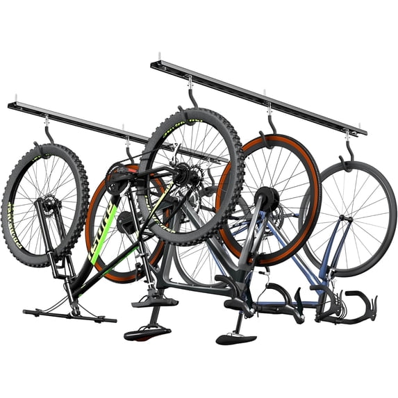 Ceiling Bike Rack for Garage, Indoor Bike Hanger with 6 Adjustable Bike Hooks for up to 3 Bikes (Horizontally), 6 Bikes (Vertically)