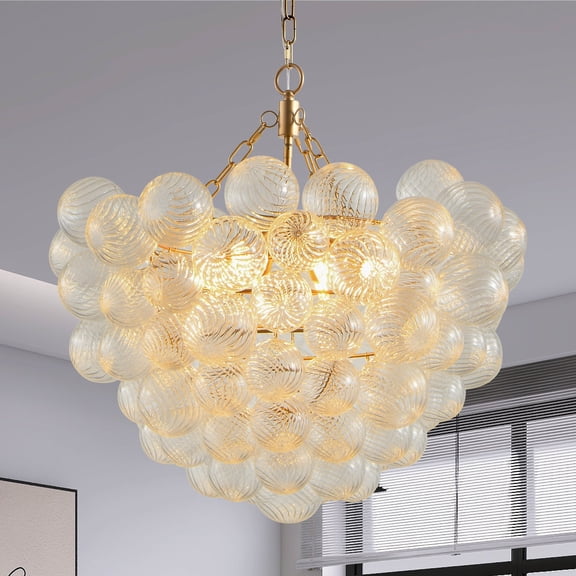 EFDELF 23.6-Inch Gold Chandelier, Clear Threaded Glass Globe Shade, Adjustable Height Pendant Light for Living Room, Dining Room & Kitchen