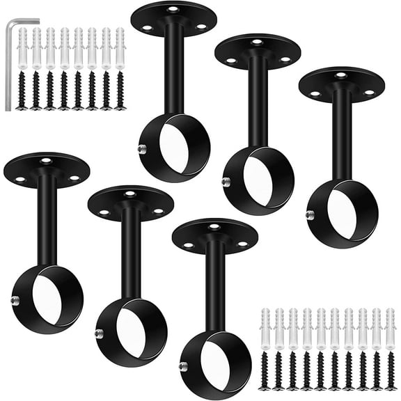 Ceiling Curtain Rod Bracket, Heavy Duty Curtain Rod Holders for Wall, Black Ceiling Curtain Hooks Hangers, Stainless Steel, Drapery Closet Rod Support Brackets for 1-1/4 Inch Drape Poles, 6 Pack
