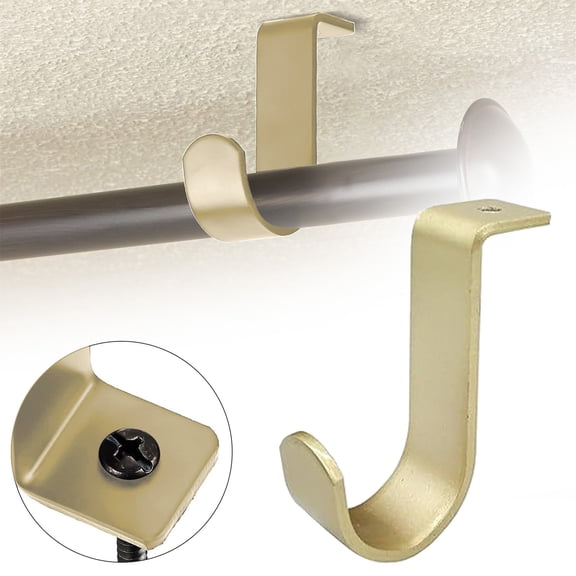 Ceiling Curtain Rod Bracket, Metal Single Hanging Bracket, Wall Mounted Curtain Rod Holder for 1 Inch Diameter Rod, Rustproof J-Shaped Curtain Hook for Bedroom Living Room Office, Gold