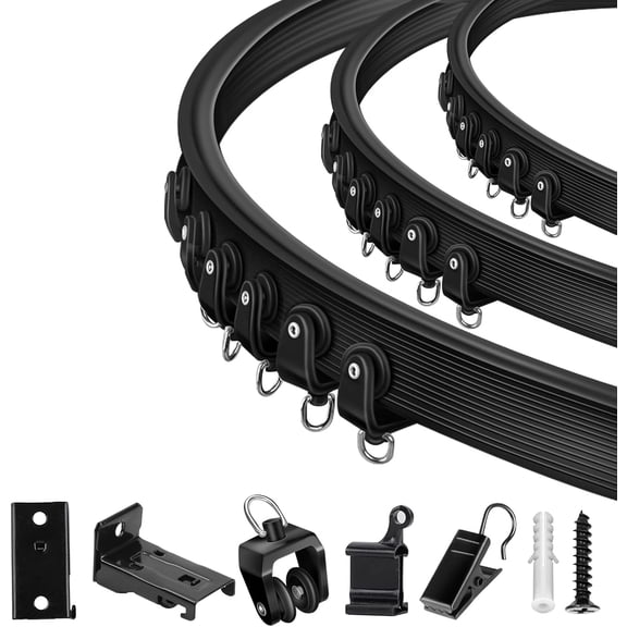Ceiling Curtain Track, 12 Ft Black Flexible Bendable Curved Curtain Rail Wall Mount Sliding Ceiling Track System Set for Bay Window, Room Divider