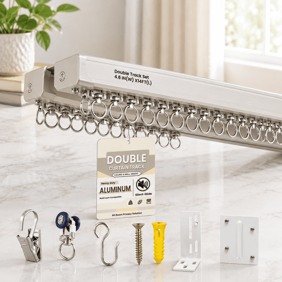 Ceiling Curtain Track Set - Dual & Wall Mount 12ft-14ft Heavy-duty Double Rails With Silent Slides Room Divider System Includes H