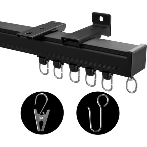 Ceiling Curtain Track System Heavy Duty Aluminum Sliding Rail with Clips and Hooks Black 9ft to 12ft