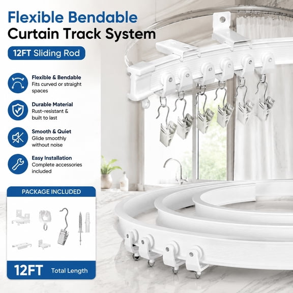 Ceiling Curtain Track Wall Mount - Flexible Sliding Curved Curtain Rails 16Ft for Room Divider RV Shower Curtain Rods