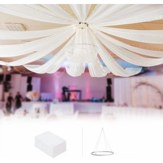 Ceiling Drapes Hanging Kit for Weddings Tent Bedroom Draping Parties Decoration White Fabric Includes Hoop Ring Set 5ft x 10ft Pack of 6