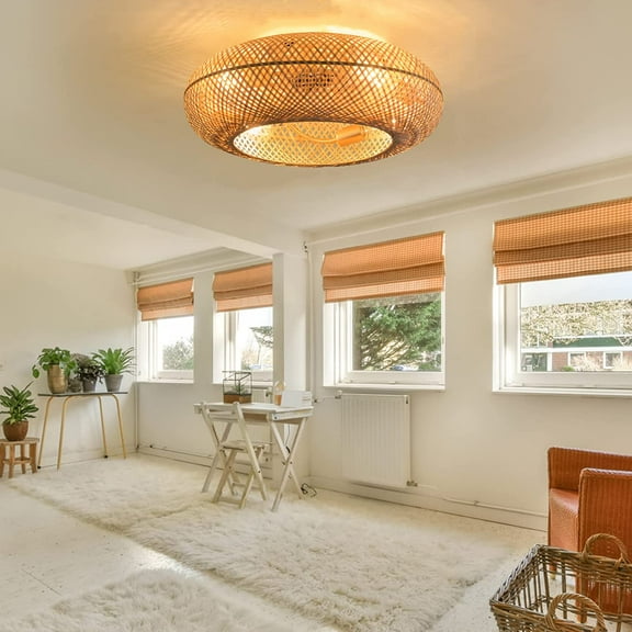 Ceiling Fan 20" Caged Ceiling Fan With Light and Remote, Farmhouse Low Profile Flush Mount Ceiling Fan, Handmade Art Rattan Woven Bamboo Boho Fan Decor, 6 Speed Reversible w/ 1/2/4h Timer