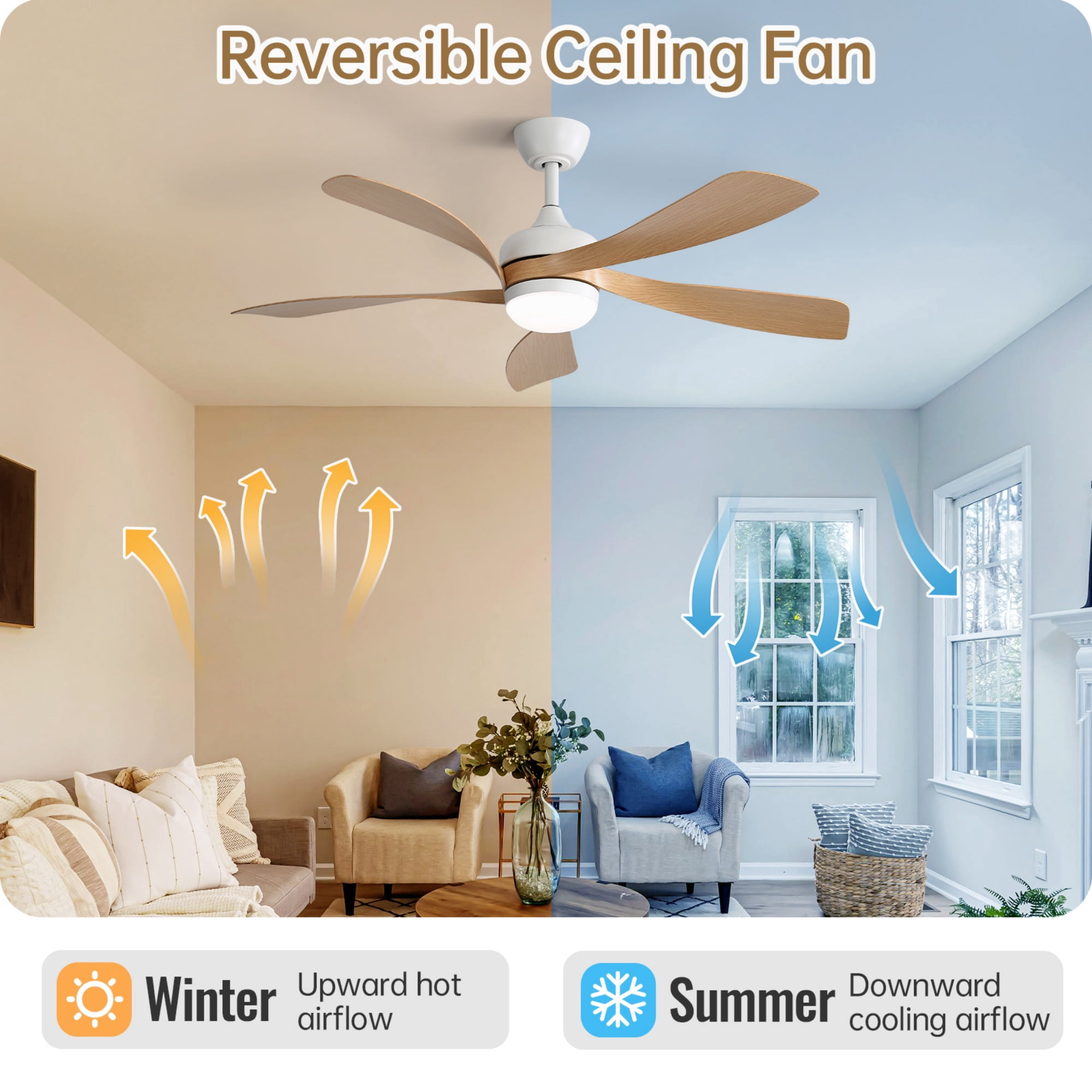 Ceiling Fan 45 Inch with Light and Remote Control, Indoor Smart Ceiling Fan and LED Light Fixture with Reversible DC Motor for Living Room Bedroom, White