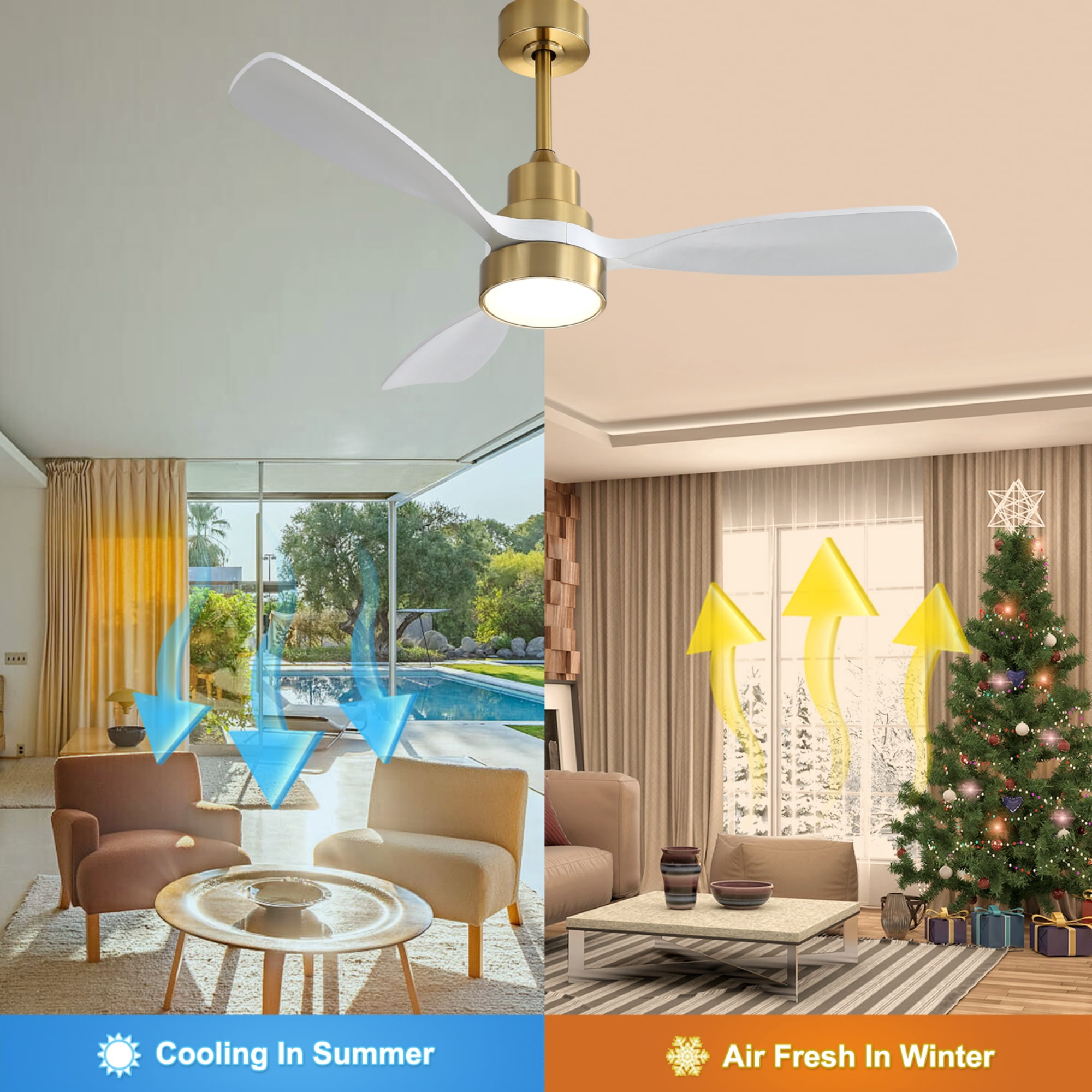 Ceiling Fan 48 Inch, 3 Solid Wood Blades with Remote Control and Reversible DC Motor for Living Room, Gold