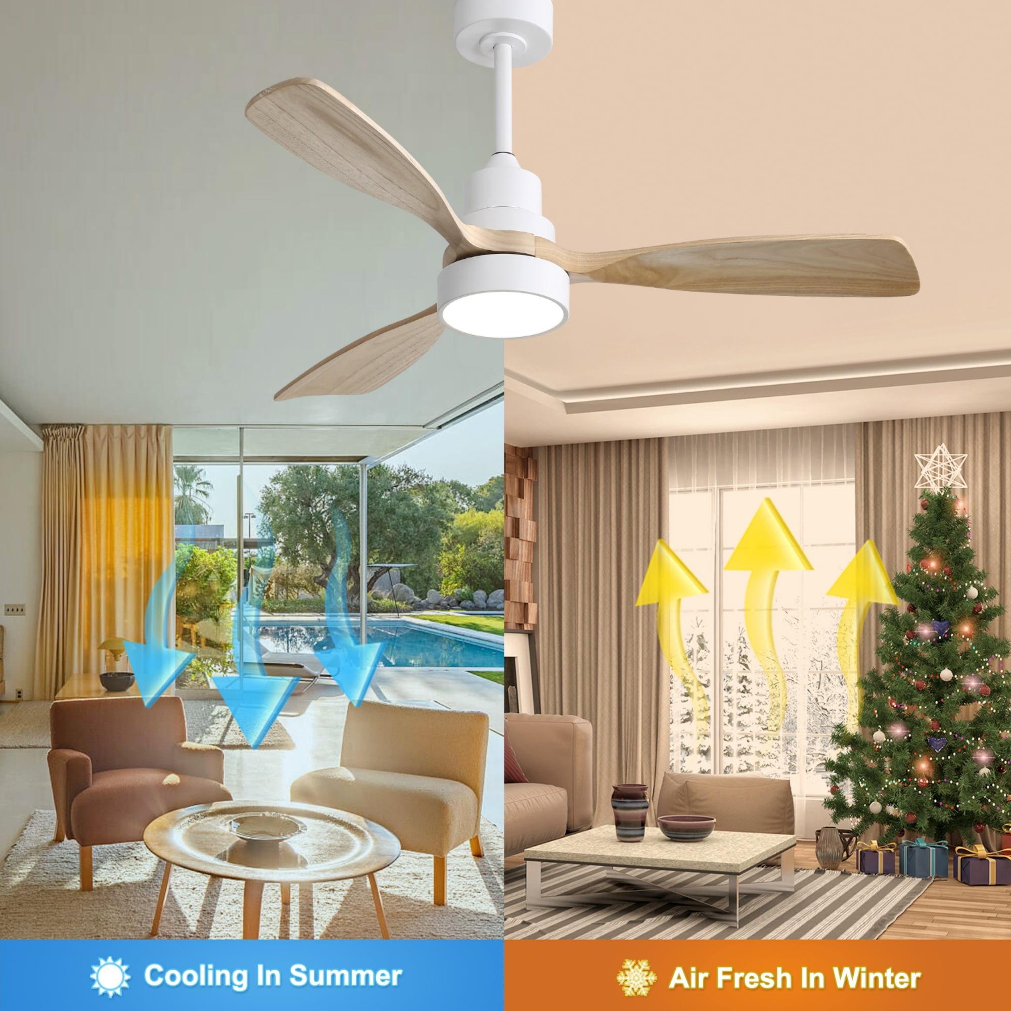 Ceiling Fan 48 Inch, 3 Solid Wood Blades with Remote Control and Reversible DC Motor for Living Room, White